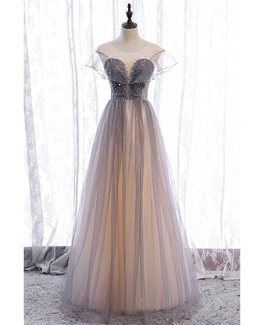 Beautiful Gradient Purple Champagne Perspective Short sleeved Beaded Ball Dress Gradient Princess Neck Sequin sheer ruffle edge backless and ground length evening dress