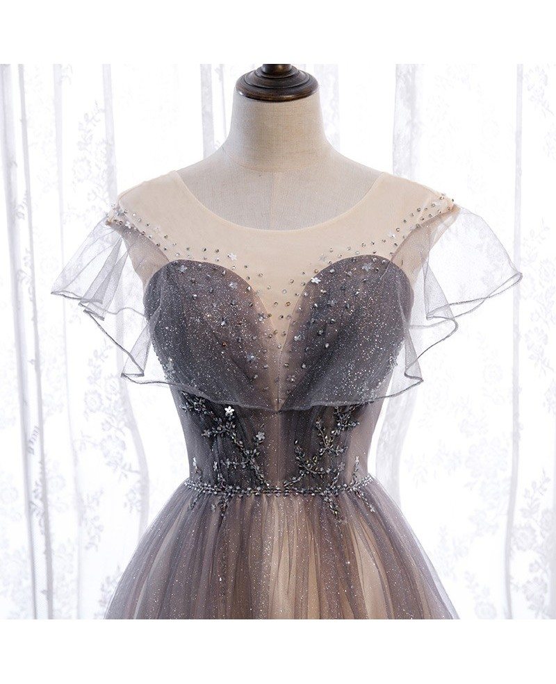 Beautiful Gradient Purple Champagne Perspective Short sleeved Beaded Ball Dress Gradient Princess Neck Sequin sheer ruffle edge backless and ground length evening dress