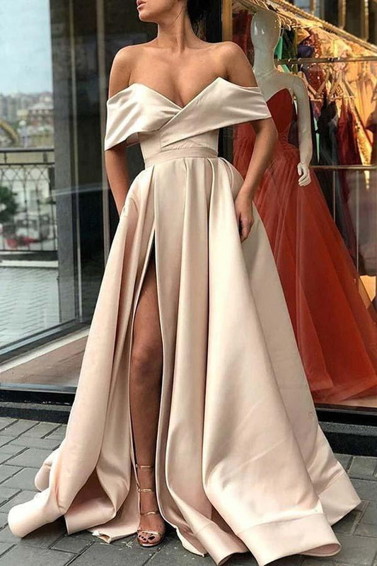 Elegant off shoulder satin slit hem and floor length ball dress