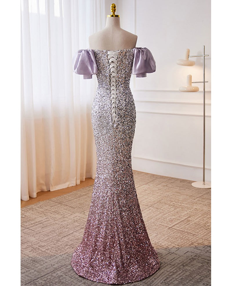 Sparkling lavender sequins off the shoulder short sleeved ball dress, lavender colored fishtail backless and floor length evening dress