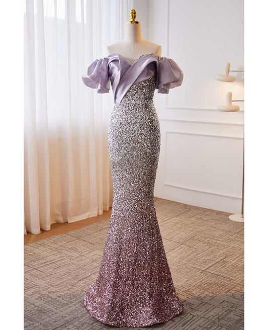 Sparkling lavender sequins off the shoulder short sleeved ball dress, lavender colored fishtail backless and floor length evening dress