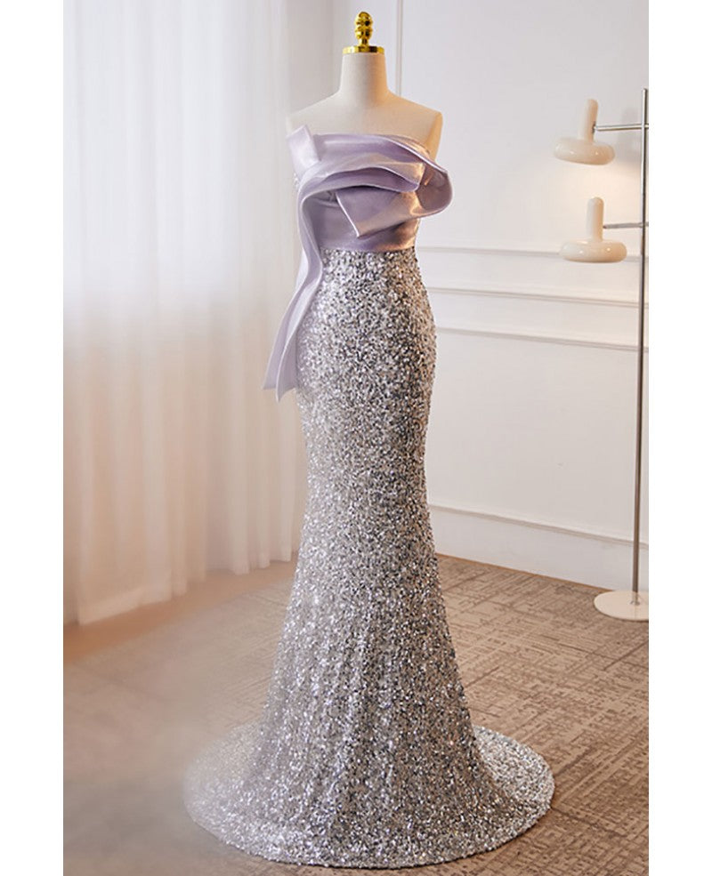 Sparkling lavender sequin strapless and sleeveless ball dress lavender mermaid backless sweeping and trailing evening dress
