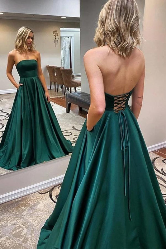 Emerald Green Long Prom Dress A-line Simple Satin Evening Dress