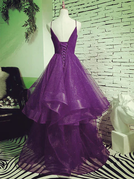 Beautiful deep purple sheer formal dress, deep purple V-neck shoulder