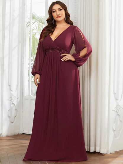 Stylish Plus Size Chiffon Formal Evening Dresses with Long Lantern Sleeves