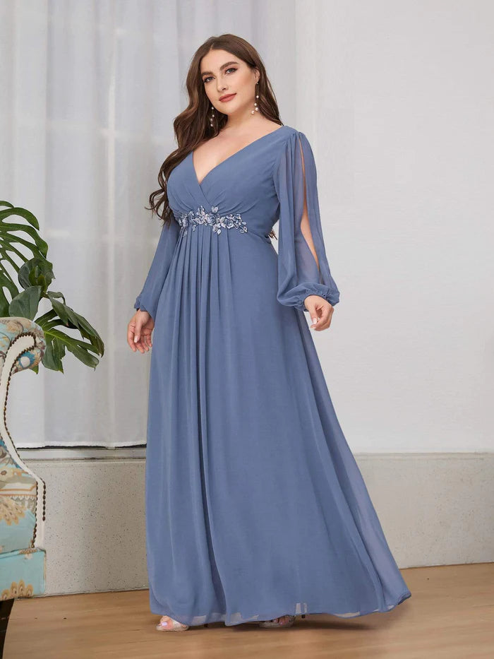 Stylish Plus Size Chiffon Formal Evening Dresses with Long Lantern Sleeves