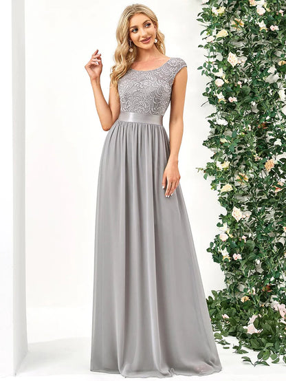 Classic Round Neck V Back Lace Bodice Bridesmaid Dress