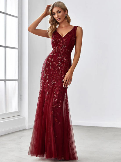 Women's Double V-Neck Fishtail Sequin Evening Dress