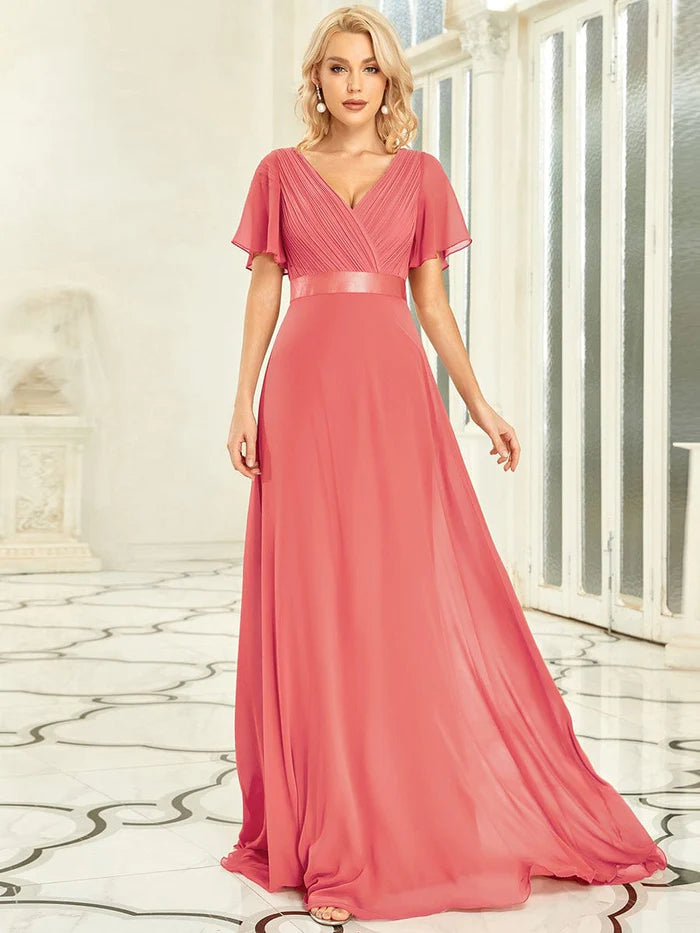 Long Empire Waist Bridesmaid Dress with Short Flutter Sleeves