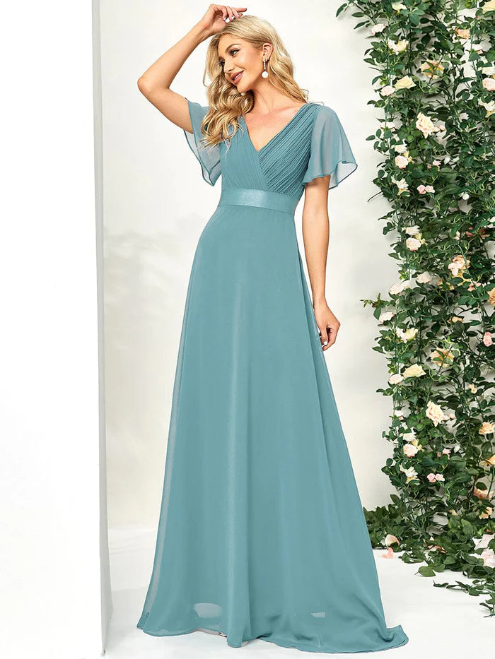 Long Empire Waist Bridesmaid Dress with Short Flutter Sleeves