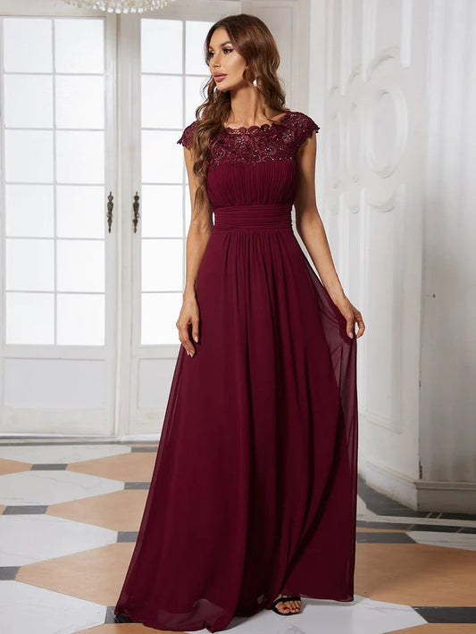 Elegant Maxi Long Lace Cap Sleeve Bridesmaid Dress