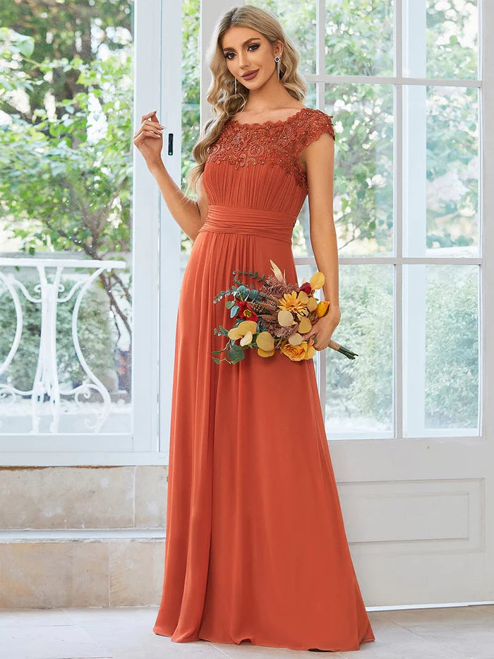 Elegant Floor-Length Lace Cap Sleeve Bridesmaid Dress