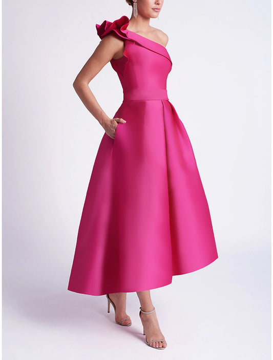 A-Line Cocktail Dresses Elegant Dress Summer Asymmetrical Sleeveless One Shoulder Fall Wedding Guest Satin with Pocket