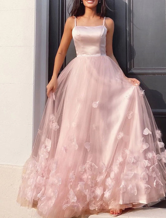 A-Line Prom Dresses Elegant Dress Wedding Guest Engagement Floor Length Sleeveless Spaghetti Strap Tulle with Appliques