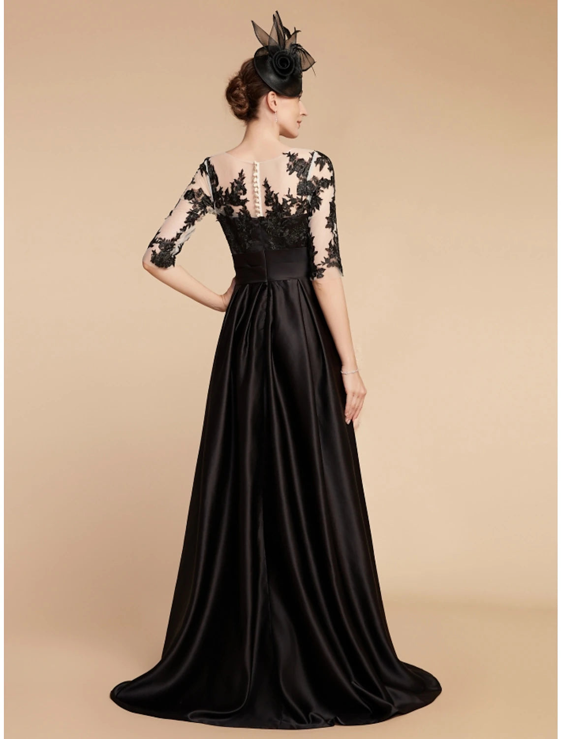 A-Line Mother of the Bride Dress Wedding Guest Elegant Party Jewel Neck Sweep / Brush Train Satin Lace Half Sleeve with Split Front Ruching Solid Color