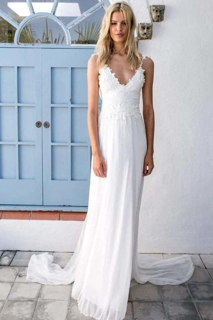 Boho V-neck A-Line White Cheap Lace Chiffon Backless Sash Summer Beach Wedding Dresses