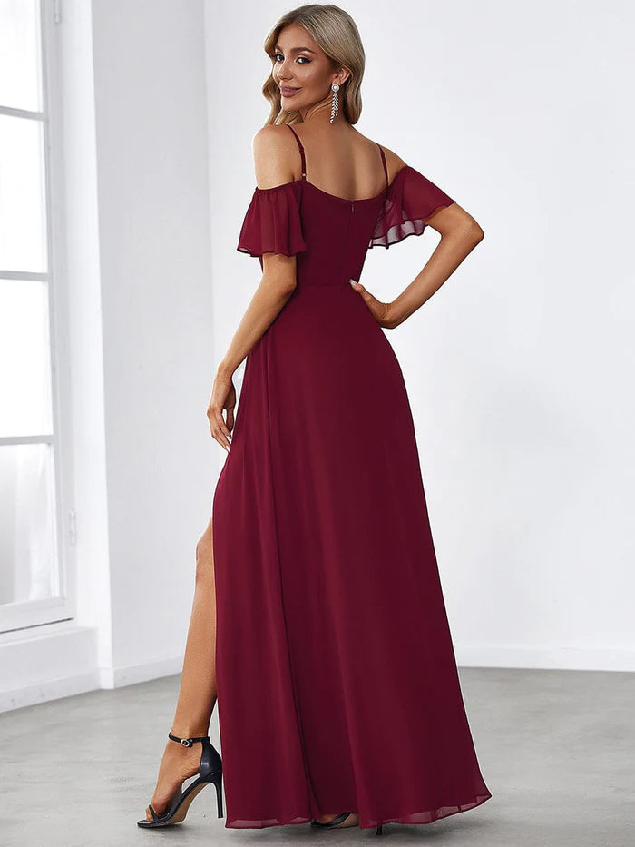 Stylish Cold Shoulder Flare Sleeves Flowy Bridesmaid Dress