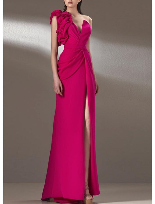 Sheath / Column Evening Gown Elegant Dress Formal Floor Length Sleeveless One Shoulder Pink Dress Stretch Fabric with Shouder Flower