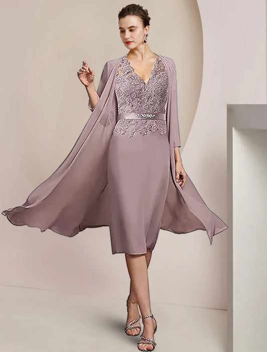 Two Piece Sheath / Column Mother of the Bride Dress Formal Wedding Guest Elegant V Neck Knee Length Chiffon Lace Sleeveless Jacket Dresses with Appliques Crystal Brooch