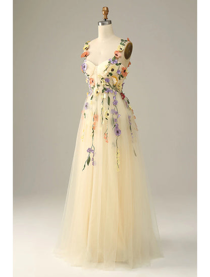 A-Line Wedding Guest Dresses Floral Dress Holiday Floor Length Sleeveless Spaghetti Strap Tulle with Appliques