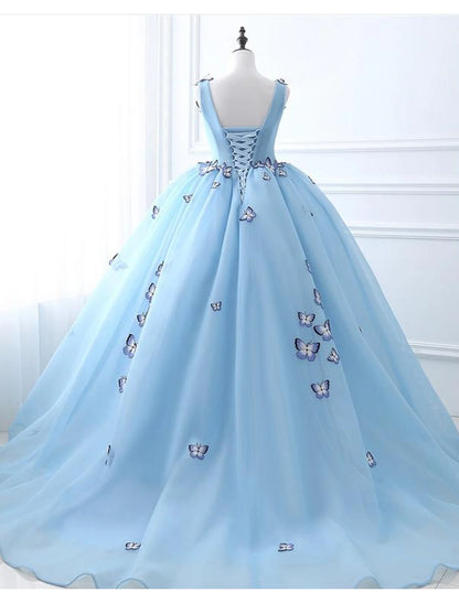 Ball Gown Prom Dresses Luxurious Dress Engagement Court Train Sleeveless V Neck Tulle with Pleats Appliques