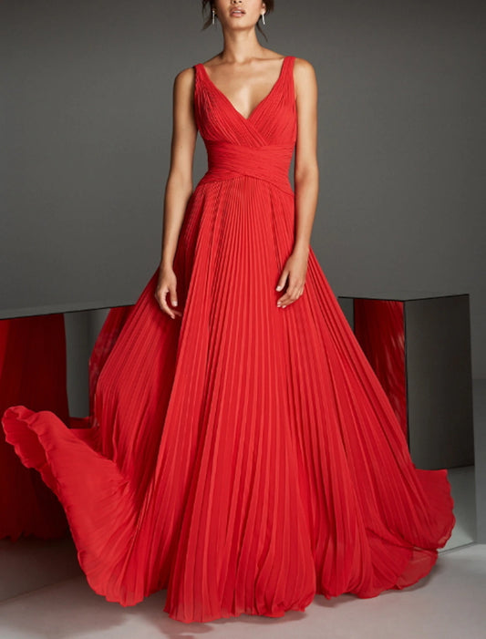 A-Line Empire Red Green Dress Formal Evening Dress V Neck Sleeveless Floor Length Chiffon with Pleats