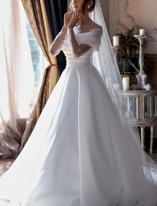 Simple Wedding Dresses Wedding Dresses A-Line V Neck Long Sleeve Court Train Chiffon Bridal Gowns With Pleats Ruched