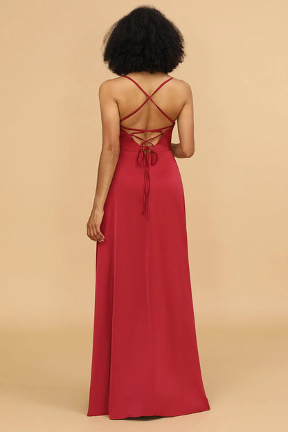 A-line satin thin shoulder strap tied back bridesmaid dress