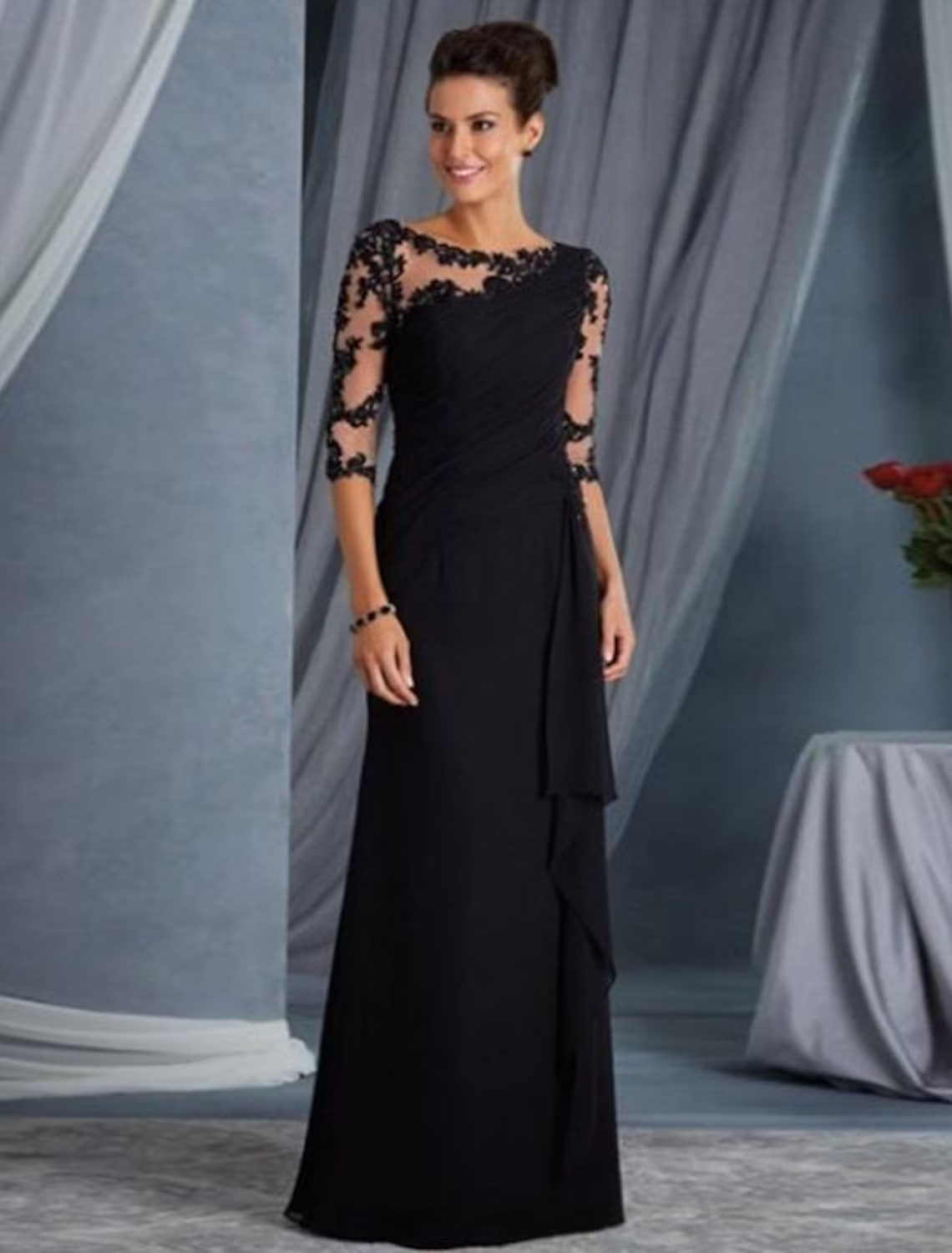 Evening Gown Elegant Dress Wedding Guest Floor Length Half Sleeve Lace with Appliques