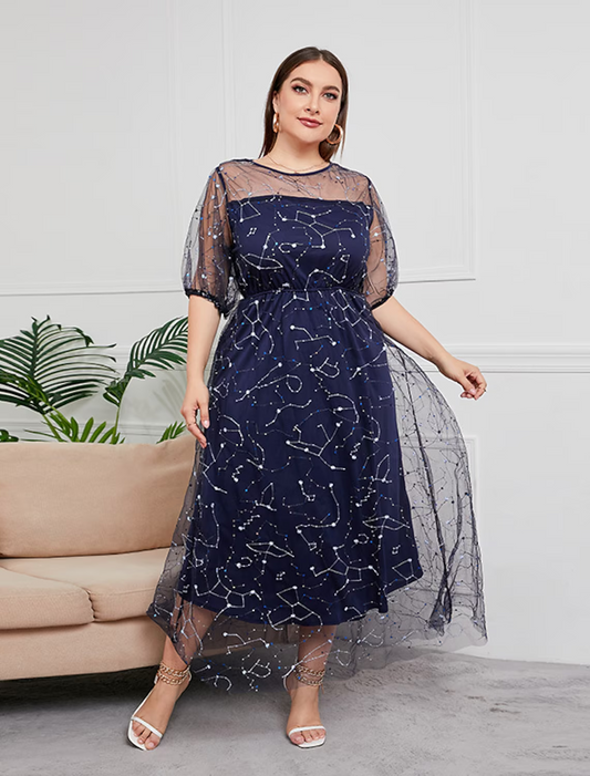 Plus Size Curve Mother of the Bride Dress Party Sparkle Shine Neck Ankle Length Tulle Half Sleeve with Sequin Embroider