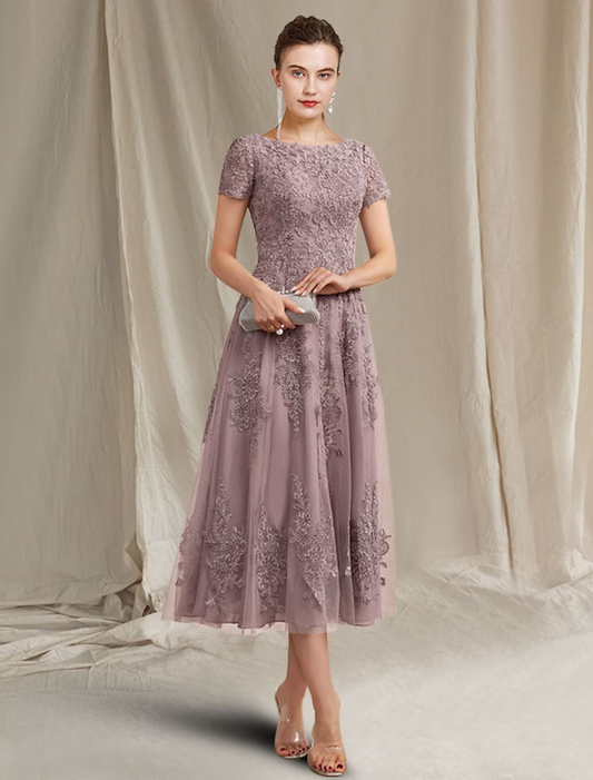 A-Line Mother of the Bride Dress Elegant Lace Tulle Short Sleeve with Appliques