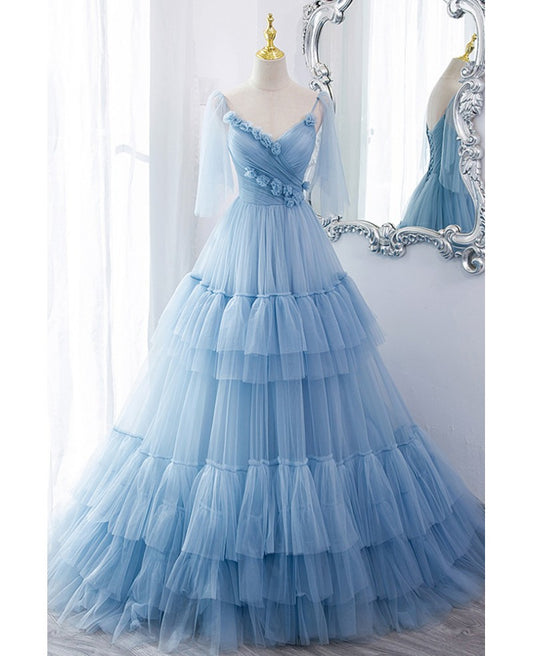 Beautiful sky blue pleated V-neck short sleeved ball dress with sky blue sheer A-line backless and ground length evening dress