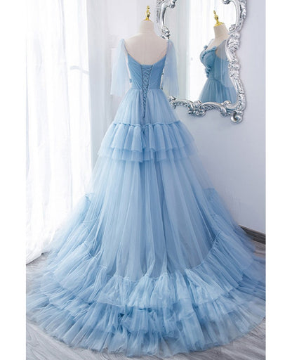 Beautiful sky blue pleated V-neck short sleeved ball dress with sky blue sheer A-line backless and ground length evening dress