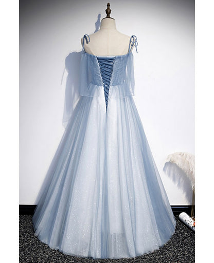 Noble and beautiful sky blue thin shoulder straps, decals, lace beads, glittering thin gauze ball dress, sky blue A-shaped sleeveless ruffle edge long evening dress