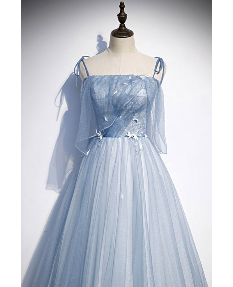 Noble and beautiful sky blue thin shoulder straps, decals, lace beads, glittering thin gauze ball dress, sky blue A-shaped sleeveless ruffle edge long evening dress