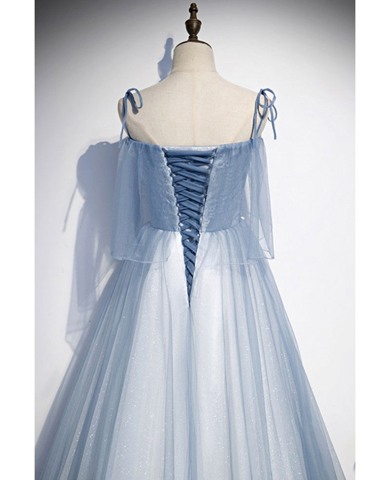 Noble and beautiful sky blue thin shoulder straps, decals, lace beads, glittering thin gauze ball dress, sky blue A-shaped sleeveless ruffle edge long evening dress