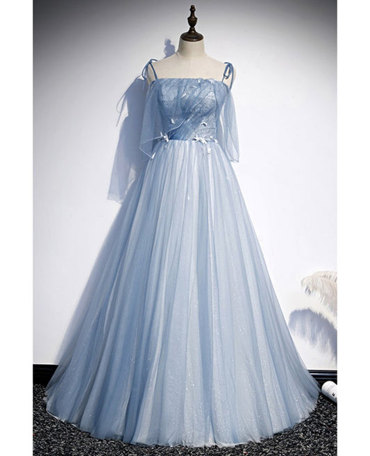 Noble and beautiful sky blue thin shoulder straps, decals, lace beads, glittering thin gauze ball dress, sky blue A-shaped sleeveless ruffle edge long evening dress