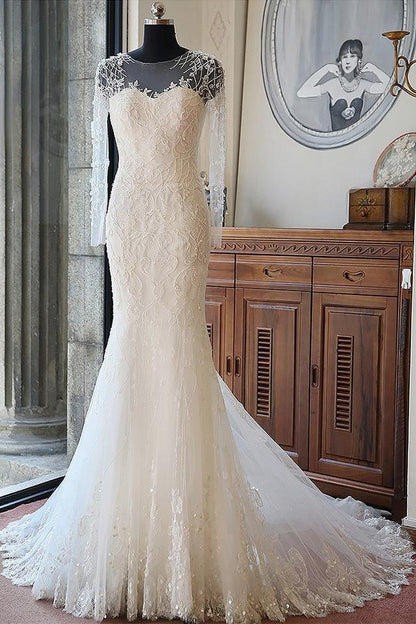 Elegant Mermaid Scoop Neck Tulle Beads Lace Appliques Chapel Train Long Sleeve Wedding Dress