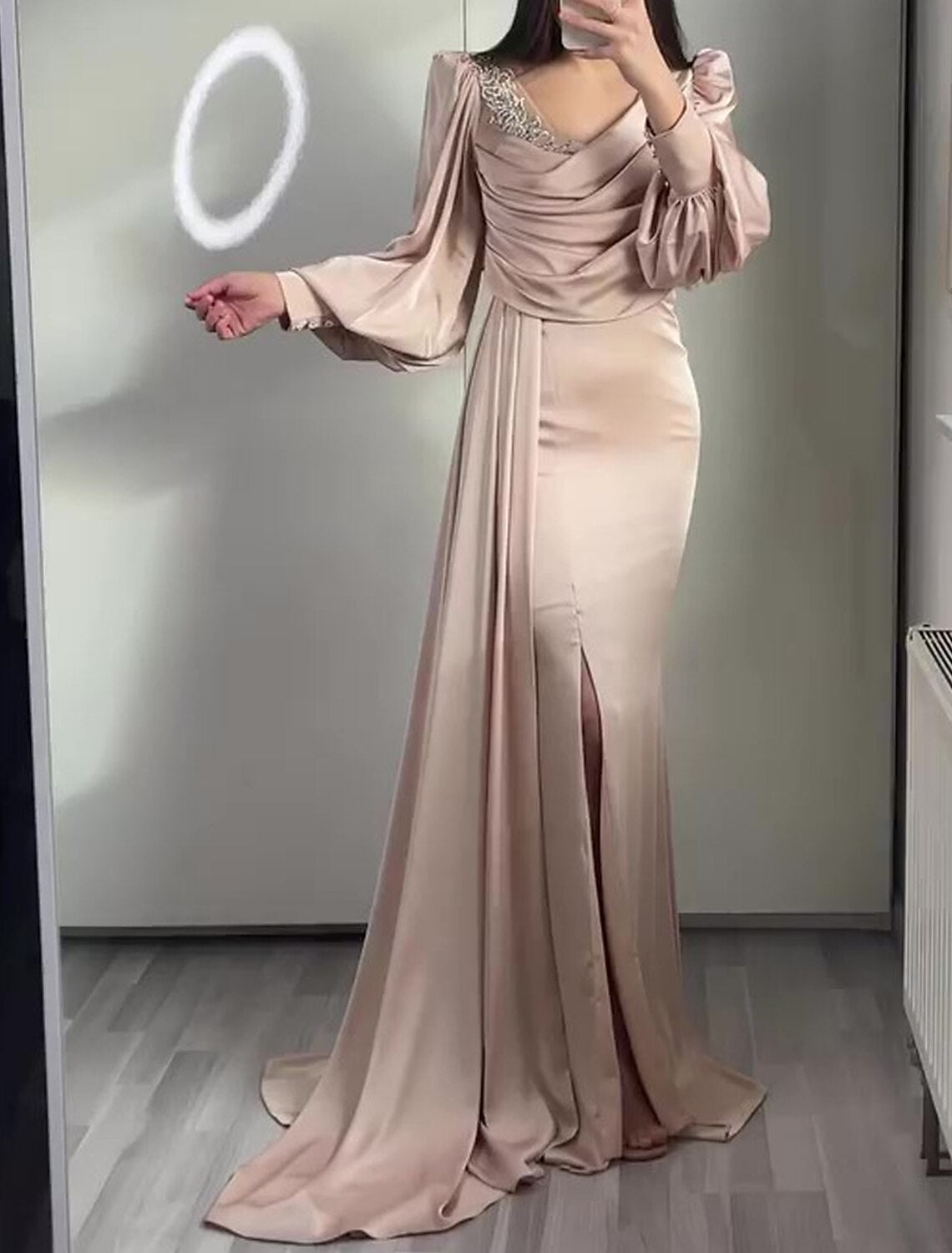 Mermaid / Trumpet Evening Gown Elegant Dress Formal Wedding Guest Sweep / Brush Train Long Sleeve V Neck Satin with Ruched