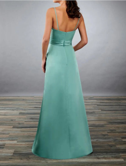 A-Line Bridesmaid Dress Straps / Sweetheart / Spaghetti Strap Sleeveless Open Back Floor Length Nylon / Shantung / Jersey with Bow(s) / Pleats / Draping