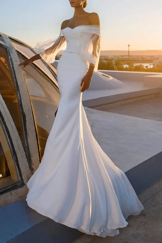 Unique off shoulder long sleeved fishtail wedding dress