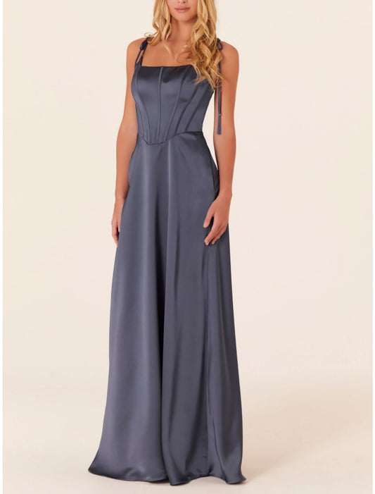 A-Line Bridesmaid Dress Spaghetti Strap Sleeveless Elegant Sweep / Brush Train Stretch Satin with Ruching