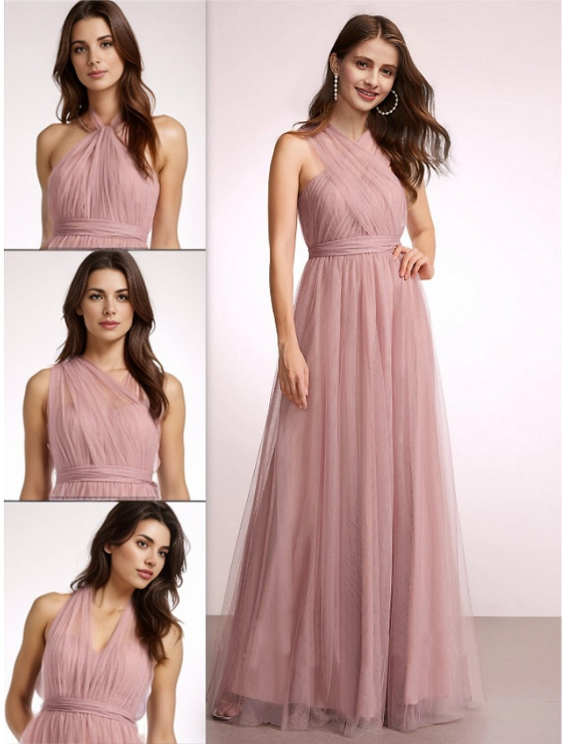 A-Line Bridesmaid Dress Halter Neck Sleeveless Elegant Floor Length Chiffon with Pleats