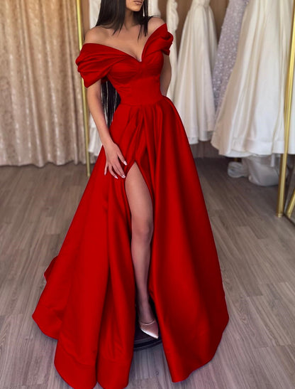 A-Line Evening Gown Party Dress Sexy Dress Prom Birthday Floor Length Short Sleeve Off Shoulder Satin with Slit Pure Color