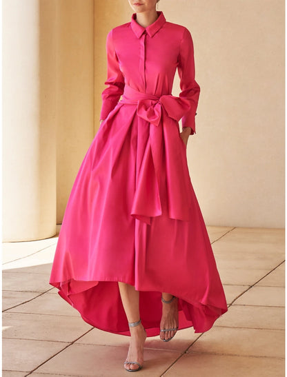 A-Line Mother of the Bride Dress Wedding Guest Elegant Shirt Collar Asymmetrical Satin Long Sleeve with Sash / Ribbon Ruching