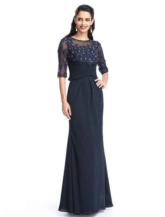 A-Line Mother of the Bride Dress Convertible Dress Scoop Neck Floor Length Chiffon Half Sleeve No with Appliques