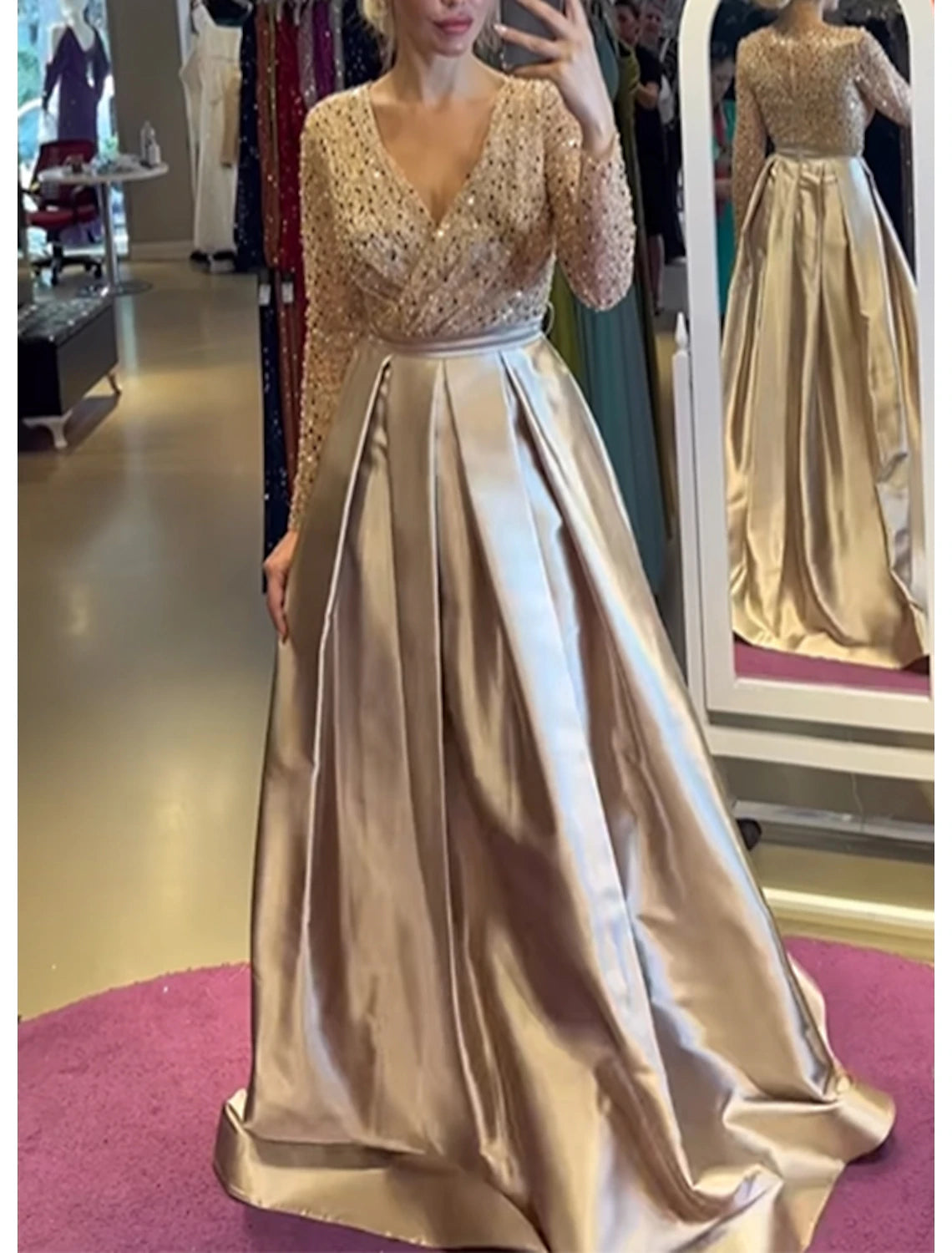 A-Line Evening Gown Elegant Dress Wedding Wedding Guest Court Train Long Sleeve V Neck Satin with Pearls