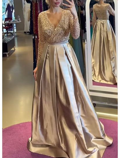 A-Line Evening Gown Elegant Dress Wedding Wedding Guest Court Train Long Sleeve V Neck Satin with Pearls