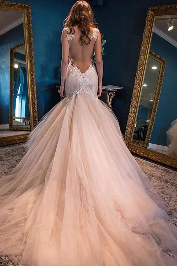 Elegant Mermaid Sweetheart Watteau Train Yarn Lace Tulle Pink Wedding Dresses