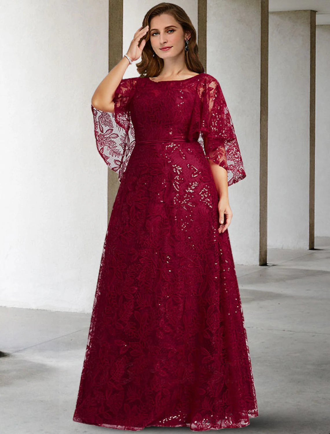 A-Line Mother of the Bride Dress Plus Size Hide Belly Elegant Jewel Neck Floor Length Lace Half Sleeve No with Sequin Appliques